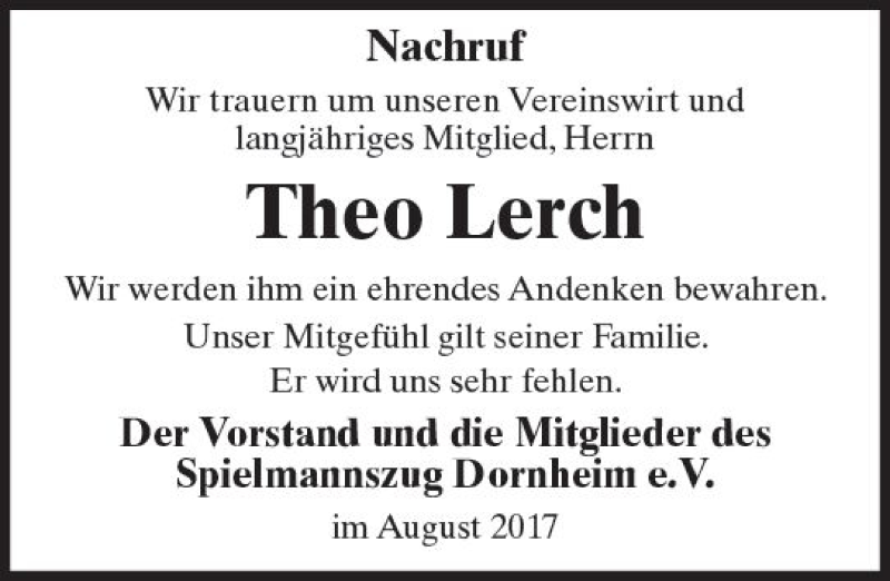  Traueranzeige für Theo Lerch vom 25.08.2017 aus Trauerportal Echo Online
