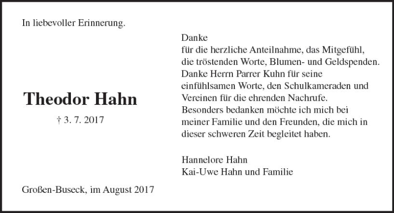  Traueranzeige für Theodor Hahn vom 05.08.2017 aus  Gießener Anzeiger