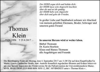 Traueranzeige von Thomas Klein von Trauerportal Rhein Main Presse