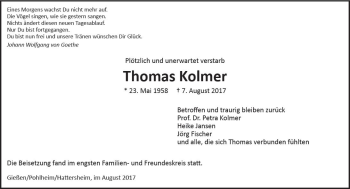 Traueranzeige von Thomas Kolmer von  Gießener Anzeiger