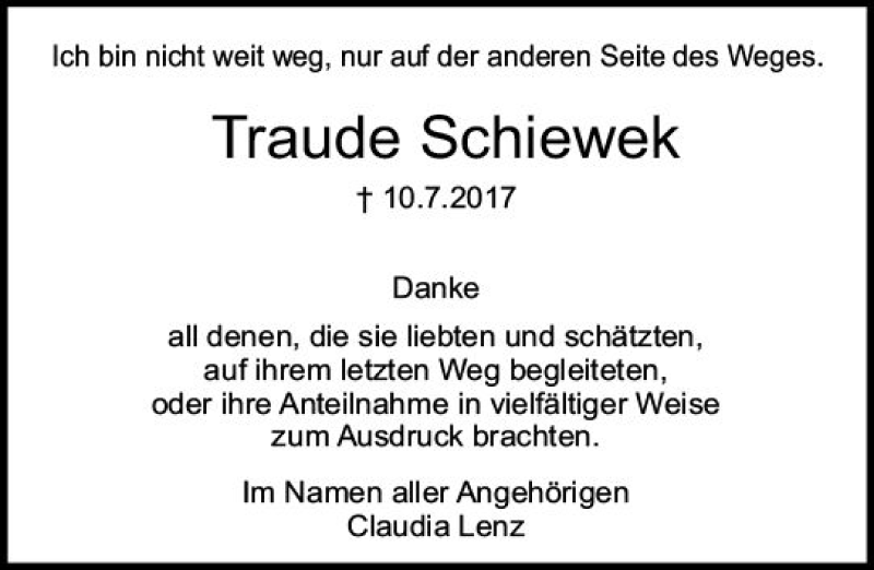  Traueranzeige für Traude Schiewek vom 26.08.2017 aus Trauerportal Echo Online