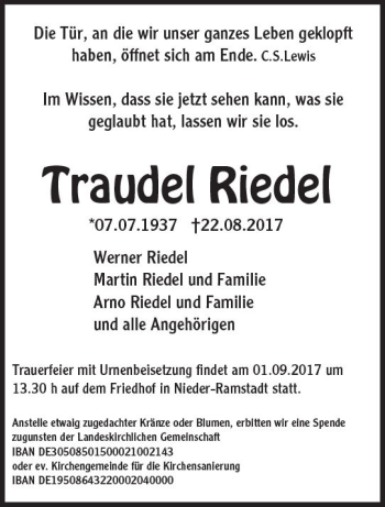 Traueranzeige von Traudel Riede von Trauerportal Rhein Main Presse