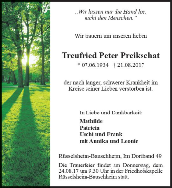 Traueranzeige von Treufried Peter Preikschat von Trauerportal Rhein Main Presse