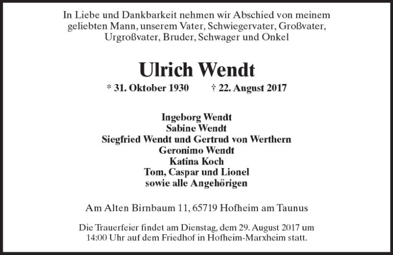  Traueranzeige für Ulrich Wendt vom 25.08.2017 aus Trauerportal Rhein Main Presse