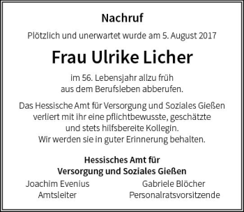 Traueranzeige von Ulrike Licher von  Gießener Anzeiger