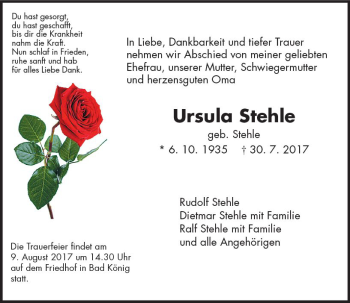 Traueranzeige von Ursula Stehle von Trauerportal Echo Online