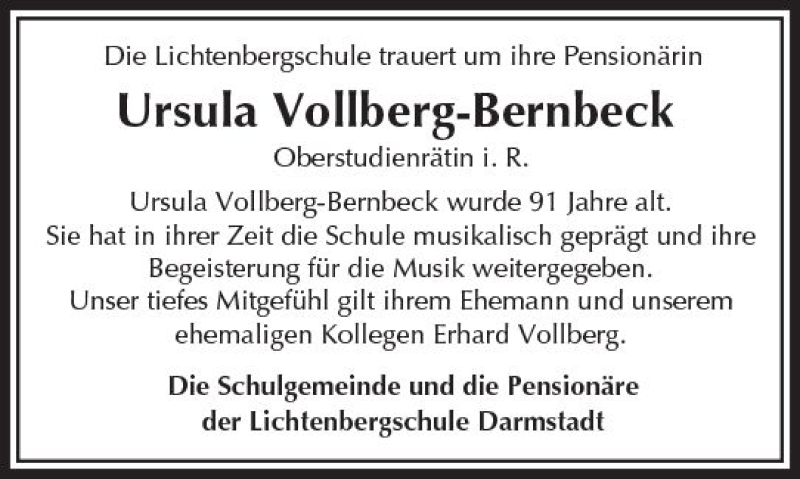  Traueranzeige für Ursula Vollberg-Bernbeck vom 25.08.2017 aus Trauerportal Echo Online