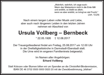 Traueranzeige von Ursula Vollberg-Bernbeck von  Usinger Anzeiger