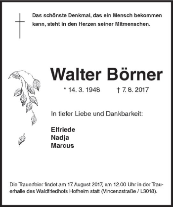Traueranzeige von Walter Börner von Trauerportal Rhein Main Presse