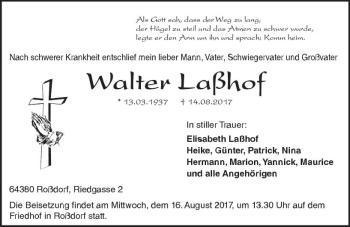 Traueranzeige von Walter Laßhof von Trauerportal Echo Online