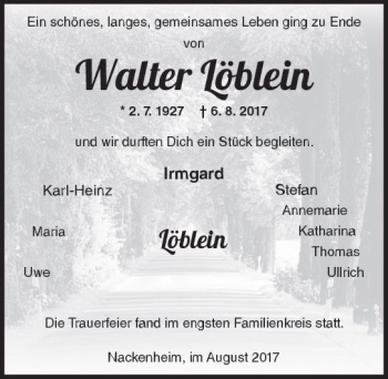 Traueranzeige von Walter Löblein von Trauerportal Rhein Main Presse