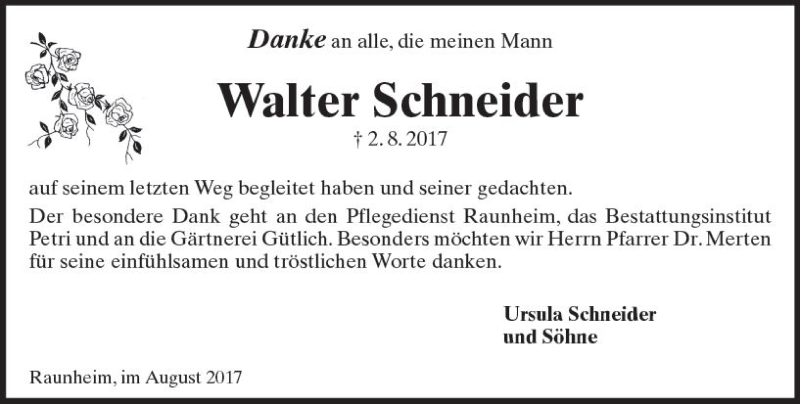  Traueranzeige für Walter Schneider vom 26.08.2017 aus Trauerportal Rhein Main Presse