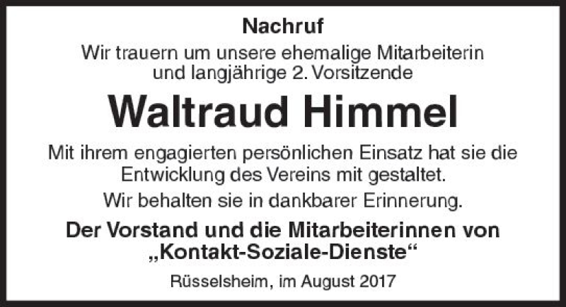  Traueranzeige für Waltraud Himmel vom 26.08.2017 aus Trauerportal Rhein Main Presse