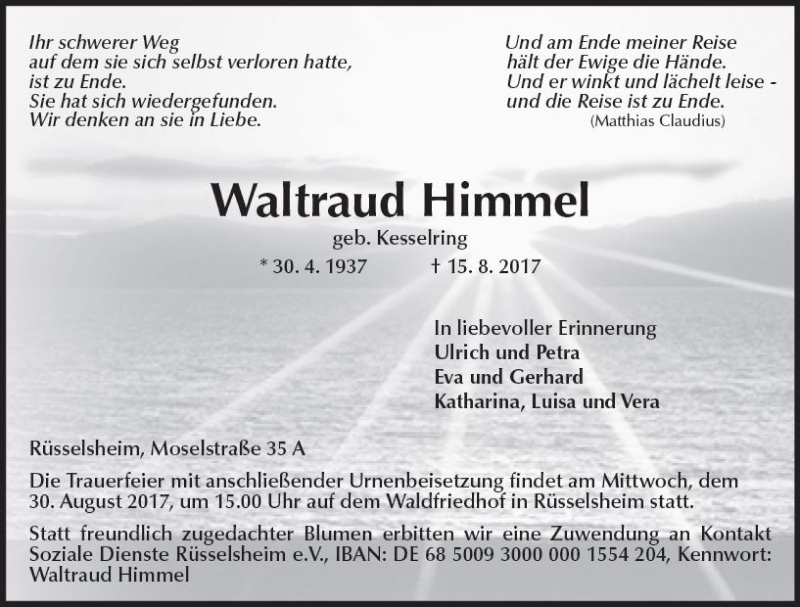  Traueranzeige für Waltraud Himmel vom 19.08.2017 aus Trauerportal Rhein Main Presse