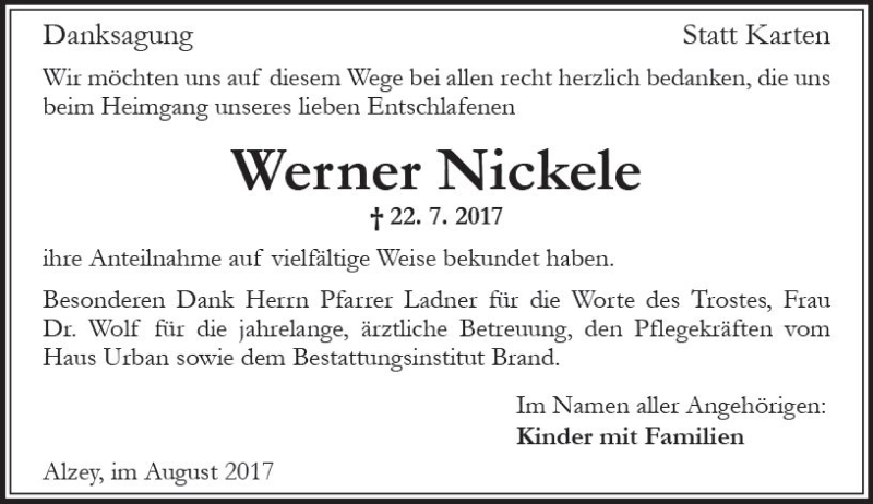  Traueranzeige für Werner Nickele vom 19.08.2017 aus Trauerportal Rhein Main Presse