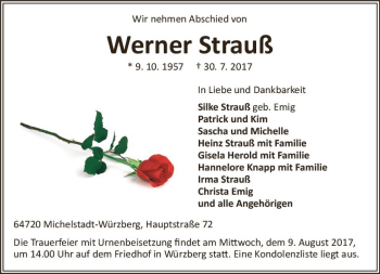 Traueranzeige von Werner Strauß von Trauerportal Echo Online