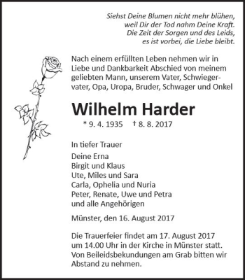 Traueranzeige von Wilhelm Harder von  Gießener Anzeiger