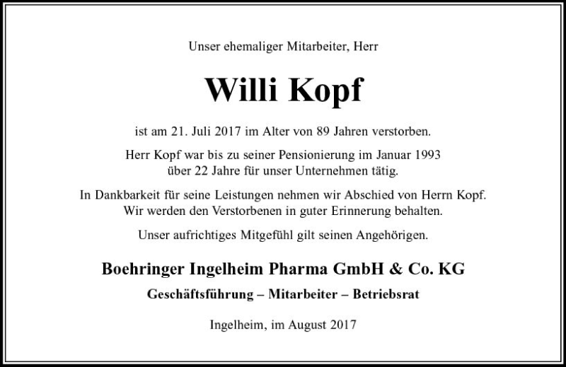  Traueranzeige für Willi Kopf vom 01.08.2017 aus Trauerportal Rhein Main Presse