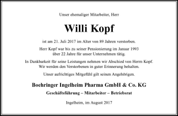 Traueranzeige von Willi Kopf von Trauerportal Rhein Main Presse