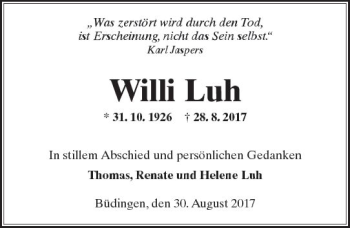 Traueranzeige von Willi Luh von  Kreisanzeiger