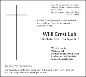 Traueranzeige von Willi Ernst Luh von  Kreisanzeiger