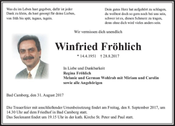 Traueranzeige von Winfried Fröhlich von  Camberger Anzeiger