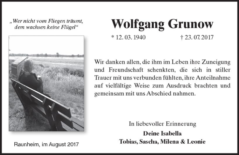  Traueranzeige für Wolfgang Grunow vom 12.08.2017 aus Trauerportal Rhein Main Presse