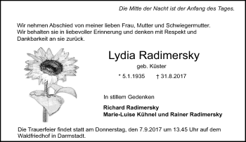 Traueranzeige von Lydia Radimersky 
