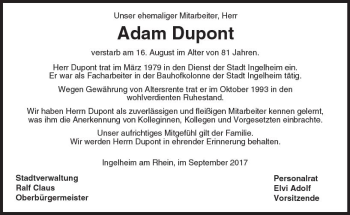 Traueranzeige von Adam Dupont von Trauerportal Rhein Main Presse