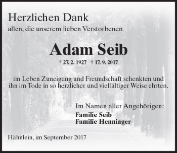 Traueranzeige von Adam Seib von Trauerportal Echo Online
