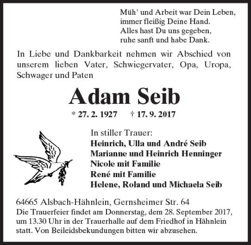  Traueranzeige für Adam Seib vom 23.09.2017 aus Trauerportal Echo Online