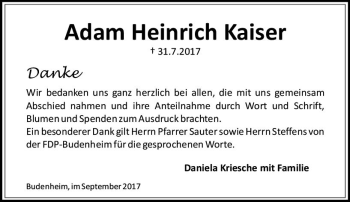 Traueranzeige von Adam Heinrich Kaiser von Trauerportal Rhein Main Presse