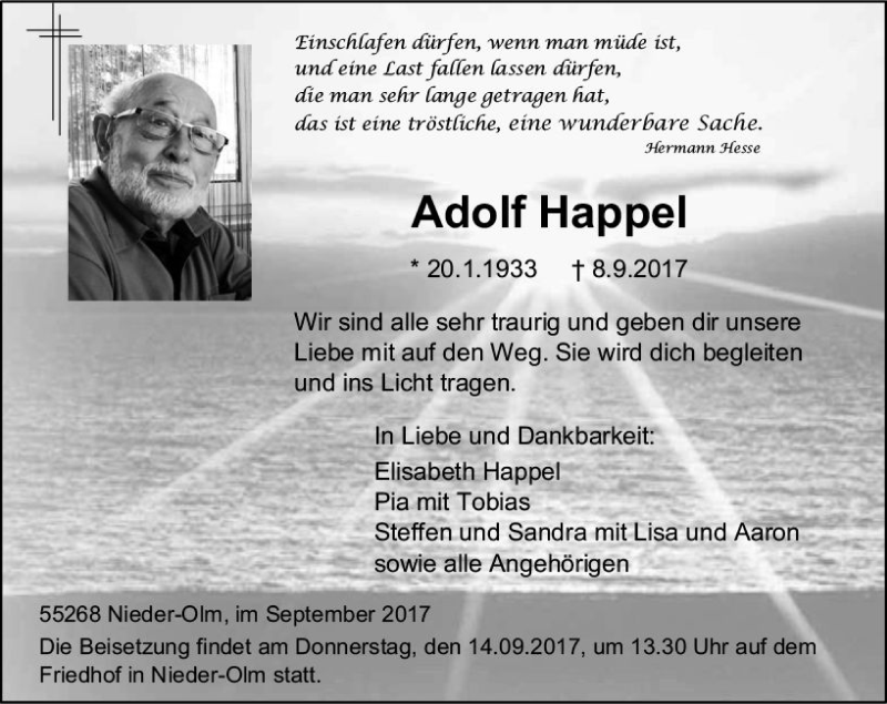  Traueranzeige für Adolf Happel vom 11.09.2017 aus Trauerportal Rhein Main Presse