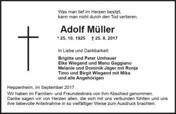 Traueranzeige von Adolf Müller von Trauerportal Echo Online