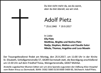 Traueranzeige von Adolf Pietz von Trauerportal Echo Online
