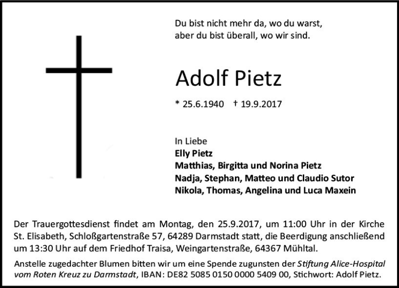  Traueranzeige für Adolf Pietz vom 22.09.2017 aus Trauerportal Echo Online