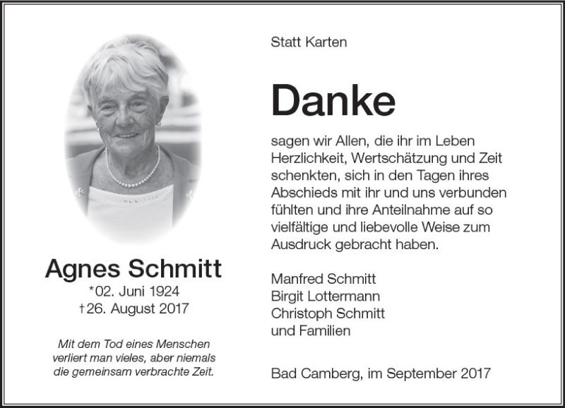  Traueranzeige für Agnes Schmitt vom 14.09.2017 aus  Camberger Anzeiger