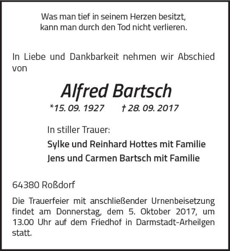  Traueranzeige für Alfred Bartsch vom 30.09.2017 aus Trauerportal Echo Online