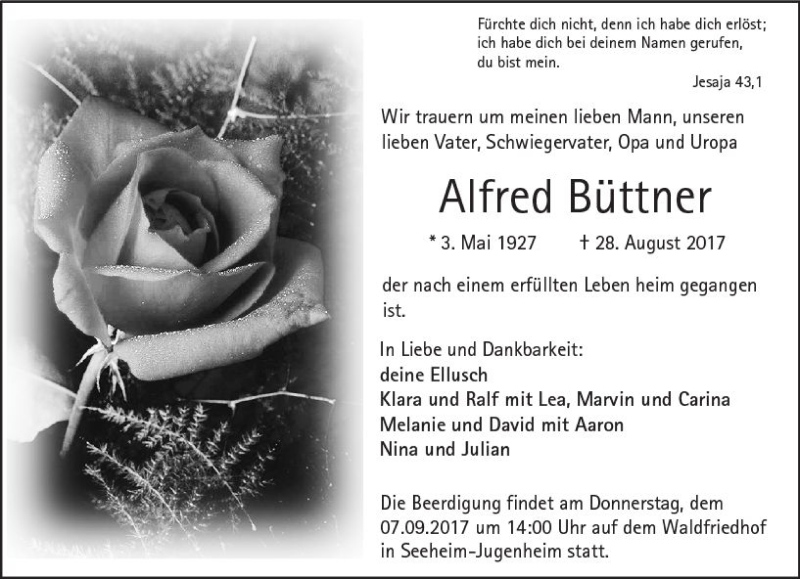  Traueranzeige für Alfred Büttner vom 02.09.2017 aus Trauerportal Echo Online