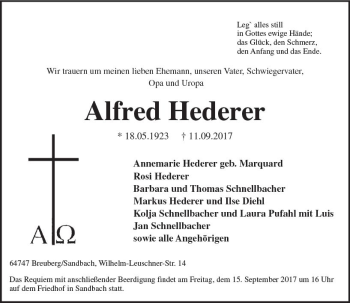 Traueranzeige von Alfred Hederer von Trauerportal Echo Online