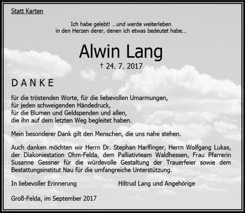 Traueranzeige für Alwin Lang vom 16.09.2017 aus VRM Trauer