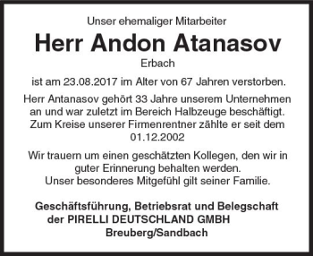 Traueranzeige von Andon Atanasov von Trauerportal Echo Online