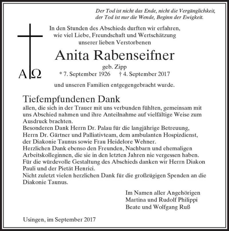  Traueranzeige für Anita Rabenseifner vom 30.09.2017 aus  Usinger Anzeiger