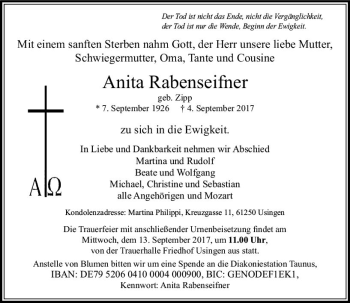 Traueranzeige von Anita Rabenseifner von  Usinger Anzeiger