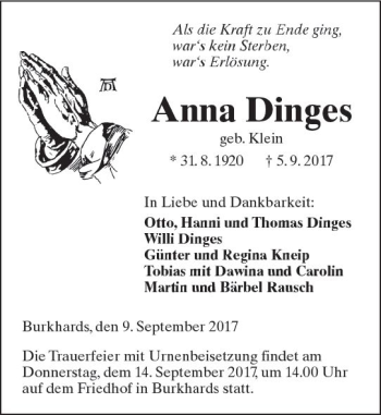 Traueranzeige von Anna Dinges von  Kreisanzeiger