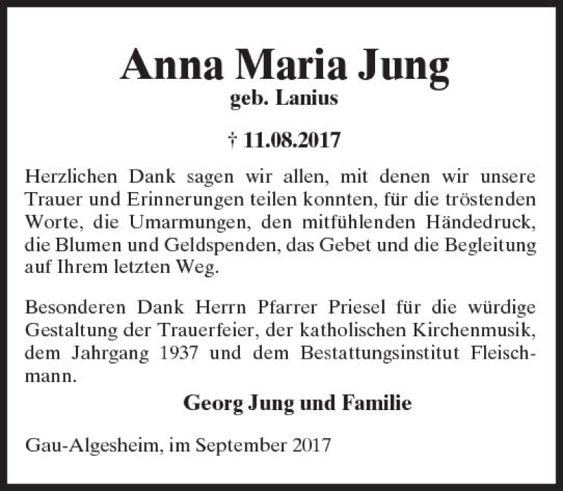  Traueranzeige für Anna Maria Jung vom 13.09.2017 aus Trauerportal Rhein Main Presse