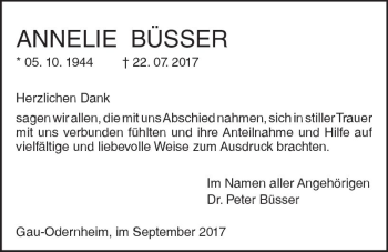 Traueranzeige von Annelie Büsser von Trauerportal Rhein Main Presse