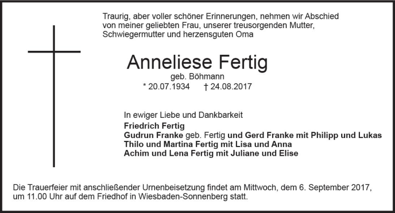  Traueranzeige für Anneliese Fertig vom 02.09.2017 aus Trauerportal Rhein Main Presse