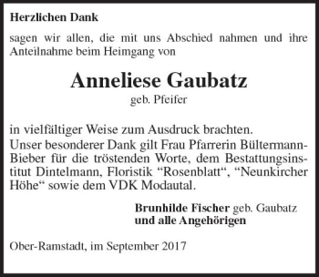 Traueranzeige von Anneliese Gaubatz von Trauerportal Echo Online