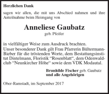 Traueranzeige von Anneliese Gaubatz von Trauerportal Echo Online